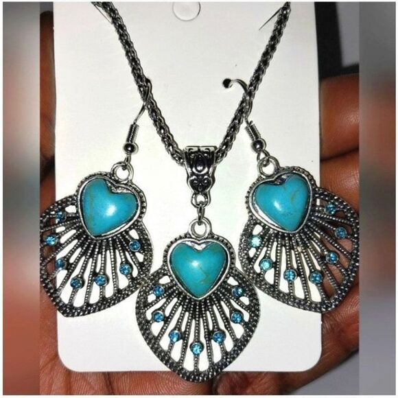 Vintage Ladies Boho Jewelry Set Hollow Leaf Shaped Inlay Heart Shape Stone - Picture 3 of 8